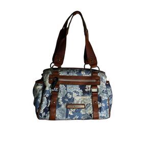 Lily Bloom Blue and White Floral Print. Brown Straps And Trim. Silver Hardware